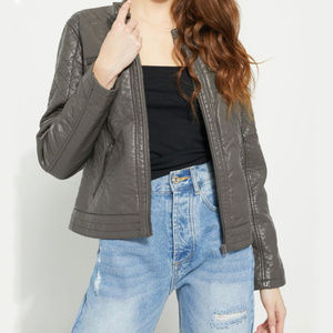 NWT Gray Faux Leather Quilted Bomber Jacket
